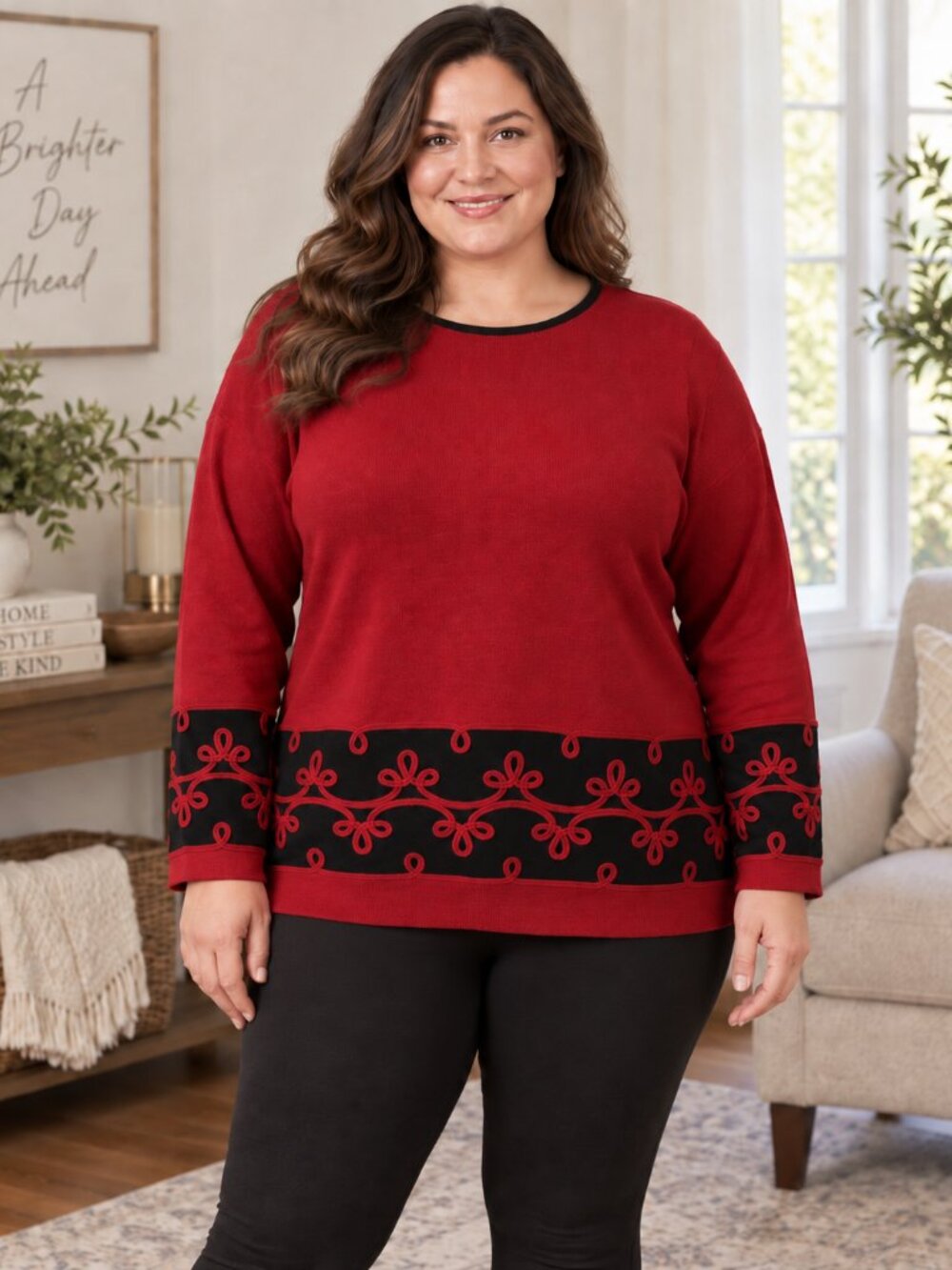 Dress Barn Woman Burgundy Embroidered Sweater 2X Black Trim Long Sleeve Plus Siz